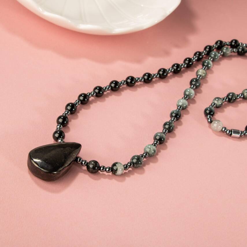 Şungit-Kedi Gözü-Hematit Doğal Taş Kolye - 5