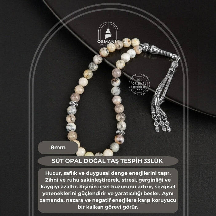 Süt Opal Doğal Taş Tesbih 33lük - 8mm - 2