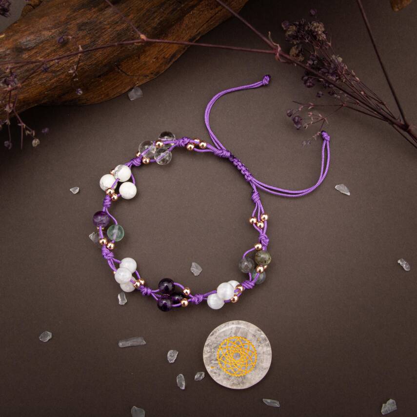 Taç Çakra Doğal Taş Bileklik - Florit-Havlit-Ametist-Pembe Kuvars-Labradorit-Selenit - 3