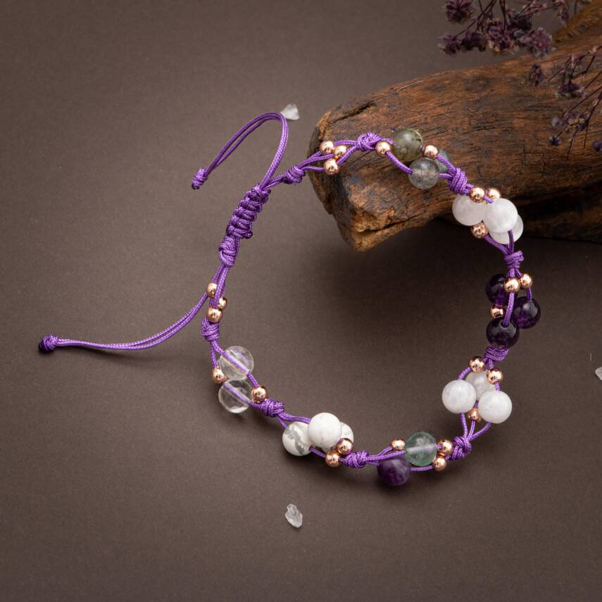 Taç Çakra Doğal Taş Bileklik - Florit-Havlit-Ametist-Pembe Kuvars-Labradorit-Selenit - 4