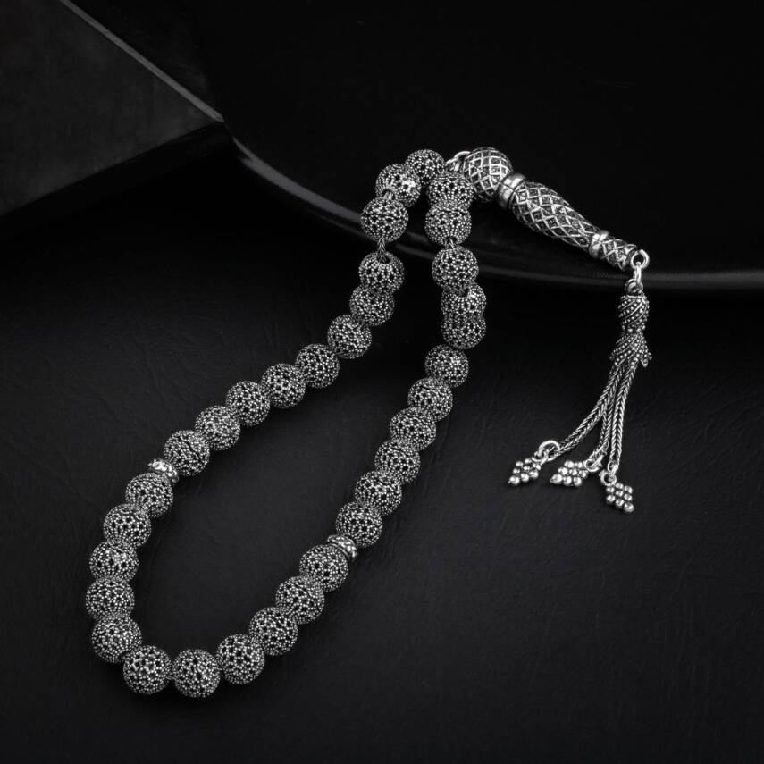 Telkari İşlemeli El İşçiliği Gümüş Tesbih - 37,35gr - 2