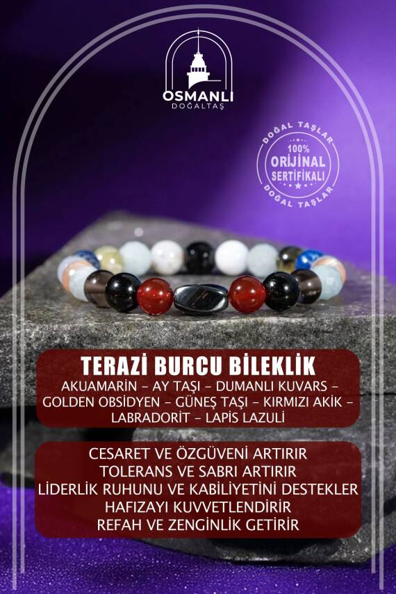 Terazi Burcu Bileklik Akuamarin, Ay Taşı, Dumanlı Kuvars, Golden Obsidyen, Güneş Taşı, Kırmızı Akik, Labradorit, Lapis Lazuli - 1
