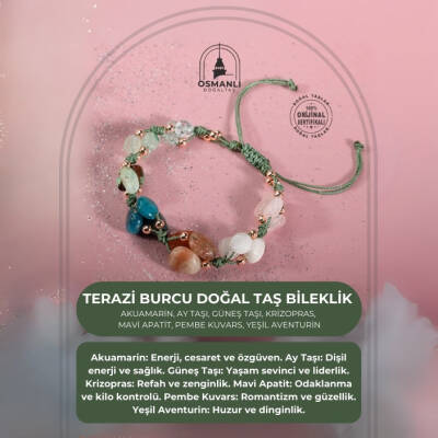 Terazi Burcu Bileklik Akuamarin, Ay Taşı, Güneş Taşı, Krizopras, Mavi Apatit, Pembe Kuvars, Yeşil Aventurin - 2