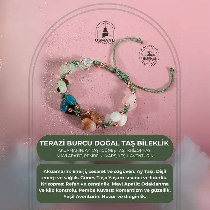 Terazi Burcu Bileklik Akuamarin, Ay Taşı, Güneş Taşı, Krizopras, Mavi Apatit, Pembe Kuvars, Yeşil Aventurin - 2