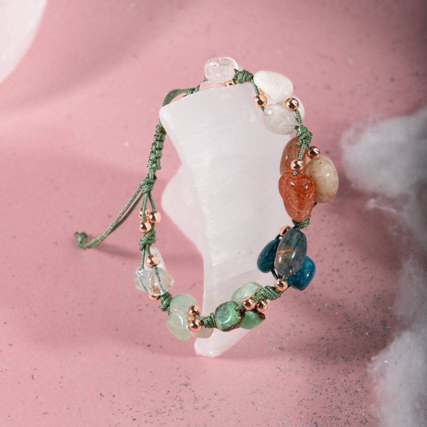 Terazi Burcu Bileklik Akuamarin, Ay Taşı, Güneş Taşı, Krizopras, Mavi Apatit, Pembe Kuvars, Yeşil Aventurin - 5