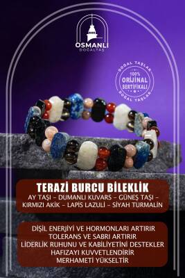 Terazi Burcu Bileklik Ay Taşı, Dumanlı Kuvars, Güneş Taşı, Kırmızı Akik, Lapis Lazuli, Siyah Turmalin - Osmanlı Doğaltaş