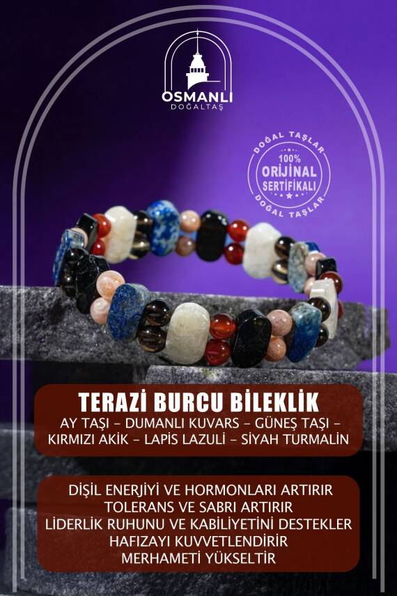 Terazi Burcu Bileklik Ay Taşı, Dumanlı Kuvars, Güneş Taşı, Kırmızı Akik, Lapis Lazuli, Siyah Turmalin - 1