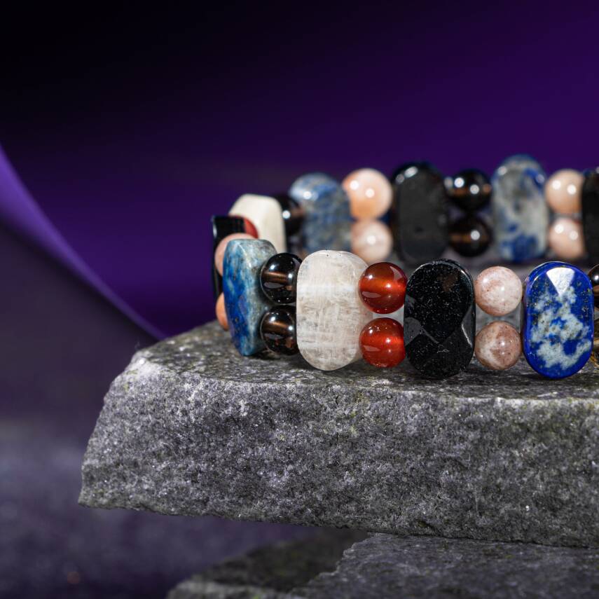 Terazi Burcu Bileklik Ay Taşı, Dumanlı Kuvars, Güneş Taşı, Kırmızı Akik, Lapis Lazuli, Siyah Turmalin - 3