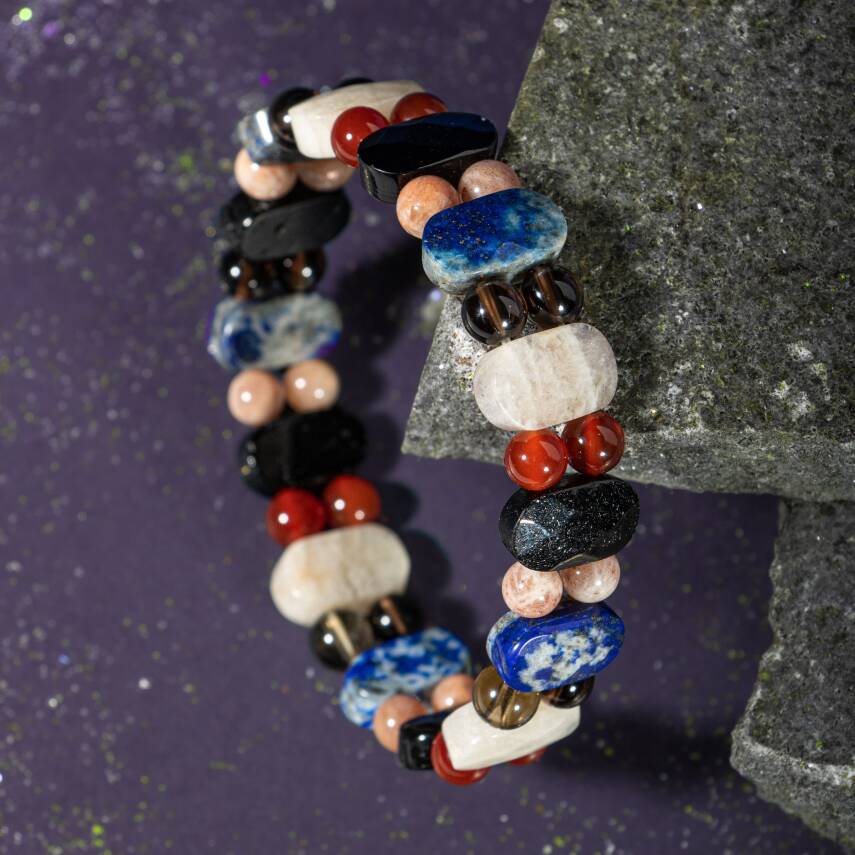 Terazi Burcu Bileklik Ay Taşı, Dumanlı Kuvars, Güneş Taşı, Kırmızı Akik, Lapis Lazuli, Siyah Turmalin - 4