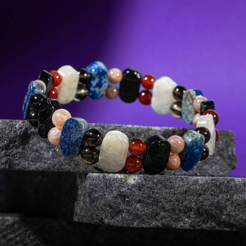 Terazi Burcu Bileklik Ay Taşı, Dumanlı Kuvars, Güneş Taşı, Kırmızı Akik, Lapis Lazuli, Siyah Turmalin - 5