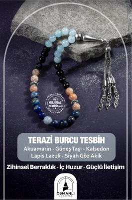 Terazi Burcu Tesbih Akuamarin, Güneş Taşı, Kalsedon, Lapis Lazuli, Siyah Göz Akik - 2