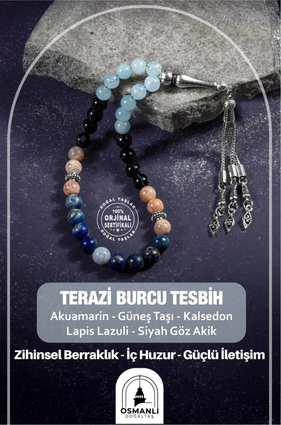 Terazi Burcu Tesbih Akuamarin, Güneş Taşı, Kalsedon, Lapis Lazuli, Siyah Göz Akik - 2