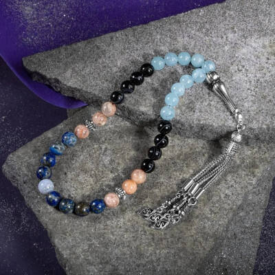 Terazi Burcu Tesbih Akuamarin, Güneş Taşı, Kalsedon, Lapis Lazuli, Siyah Göz Akik - 3