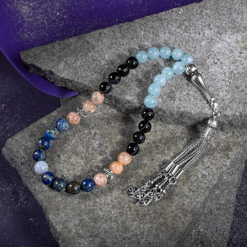Terazi Burcu Tesbih Akuamarin, Güneş Taşı, Kalsedon, Lapis Lazuli, Siyah Göz Akik - 3