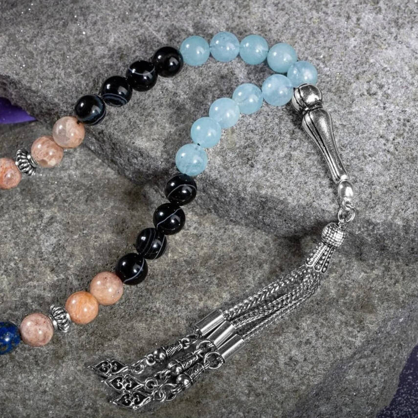 Terazi Burcu Tesbih Akuamarin, Güneş Taşı, Kalsedon, Lapis Lazuli, Siyah Göz Akik - 4