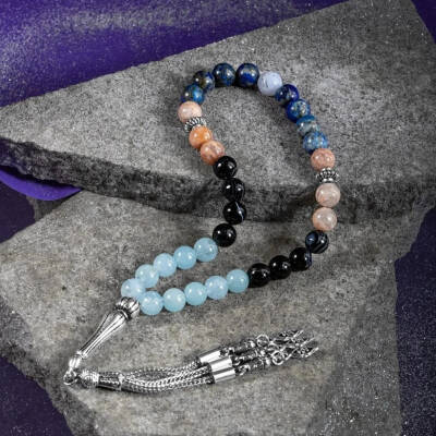 Terazi Burcu Tesbih Akuamarin, Güneş Taşı, Kalsedon, Lapis Lazuli, Siyah Göz Akik - 6