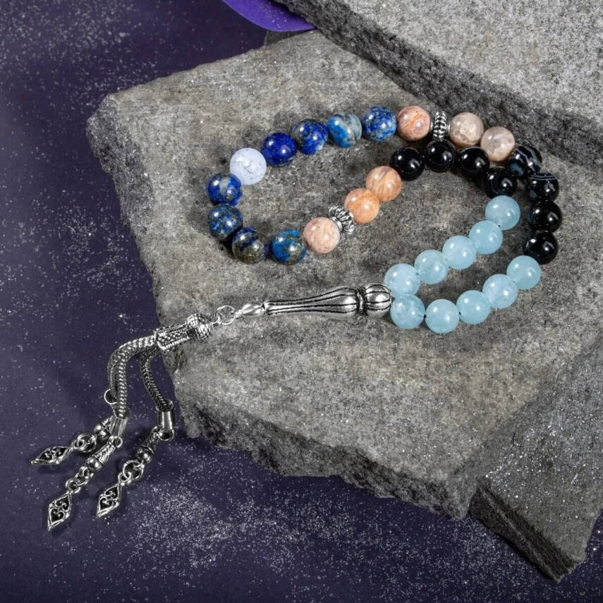 Terazi Burcu Tesbih Akuamarin, Güneş Taşı, Kalsedon, Lapis Lazuli, Siyah Göz Akik - 7