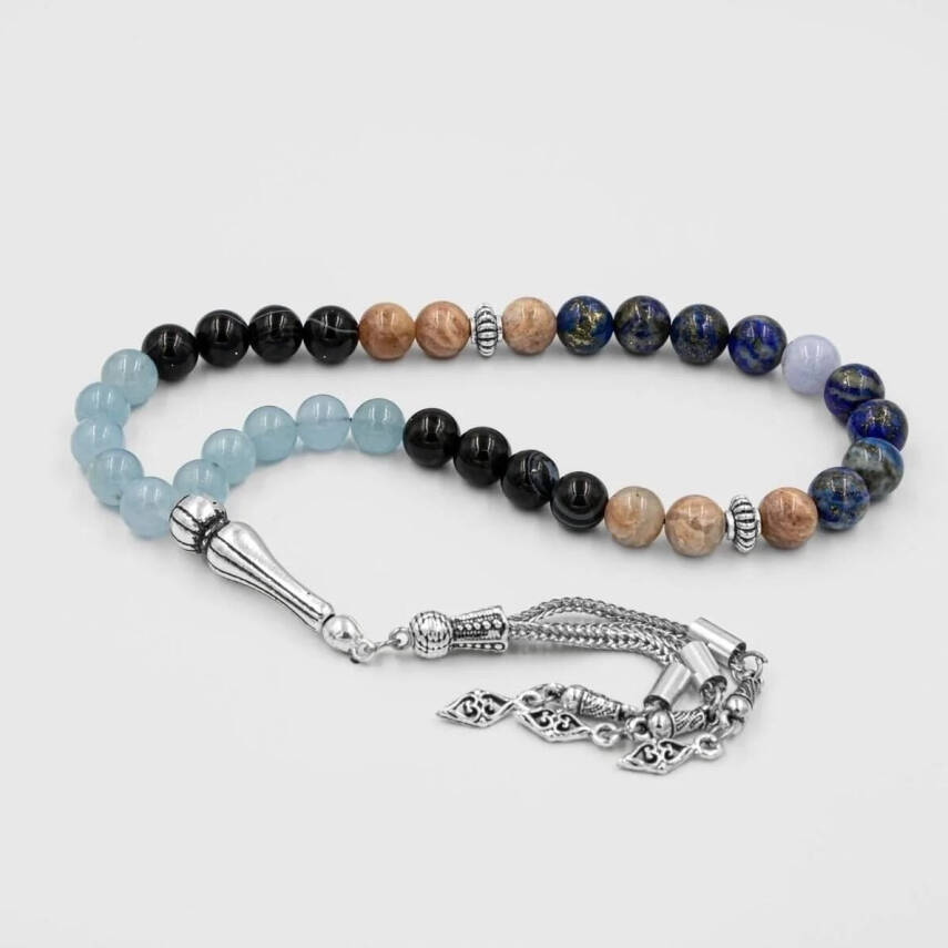 Terazi Burcu Tesbih Akuamarin, Güneş Taşı, Kalsedon, Lapis Lazuli, Siyah Göz Akik - 8