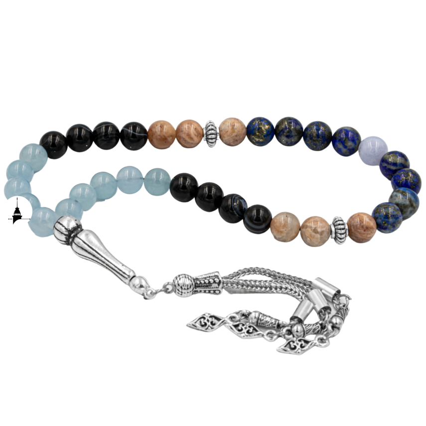 Terazi Burcu Tesbih Akuamarin, Güneş Taşı, Kalsedon, Lapis Lazuli, Siyah Göz Akik - 1