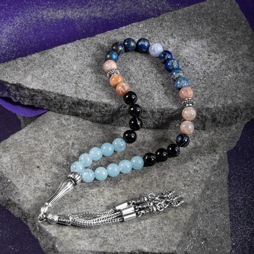 Terazi Burcu Tesbih Akuamarin, Güneş Taşı, Kalsedon, Lapis Lazuli, Siyah Göz Akik - 3