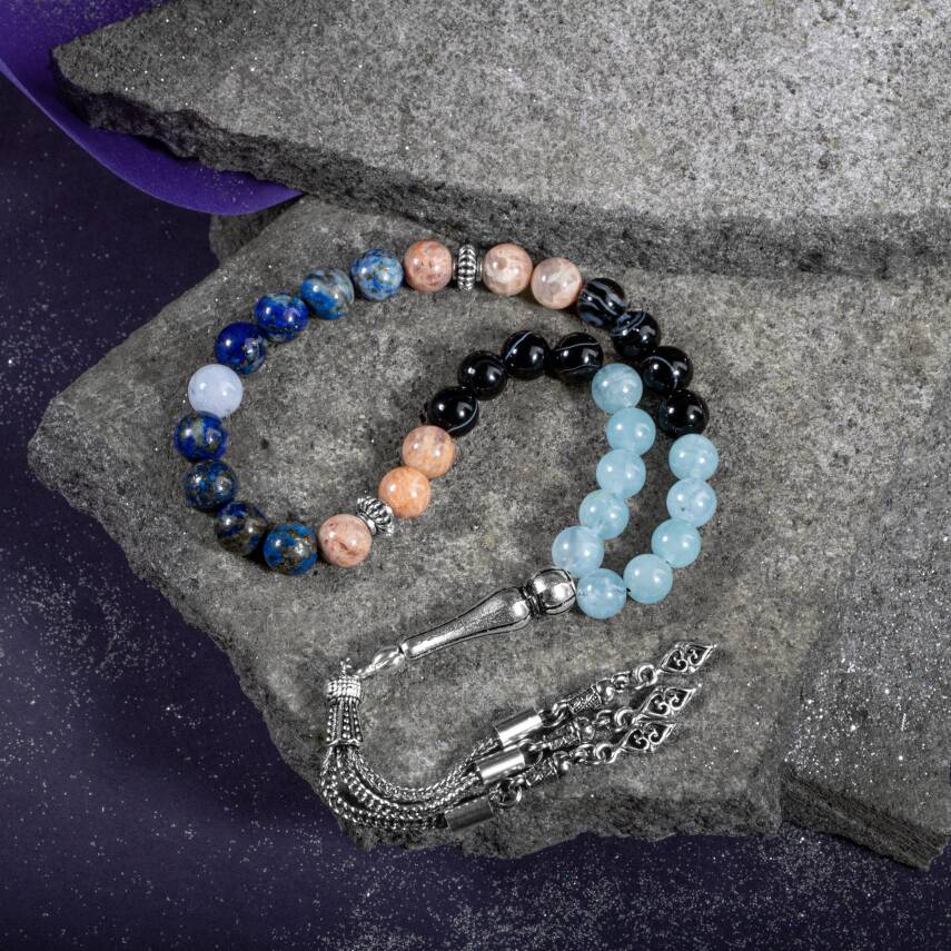 Terazi Burcu Tesbih Akuamarin, Güneş Taşı, Kalsedon, Lapis Lazuli, Siyah Göz Akik - 5