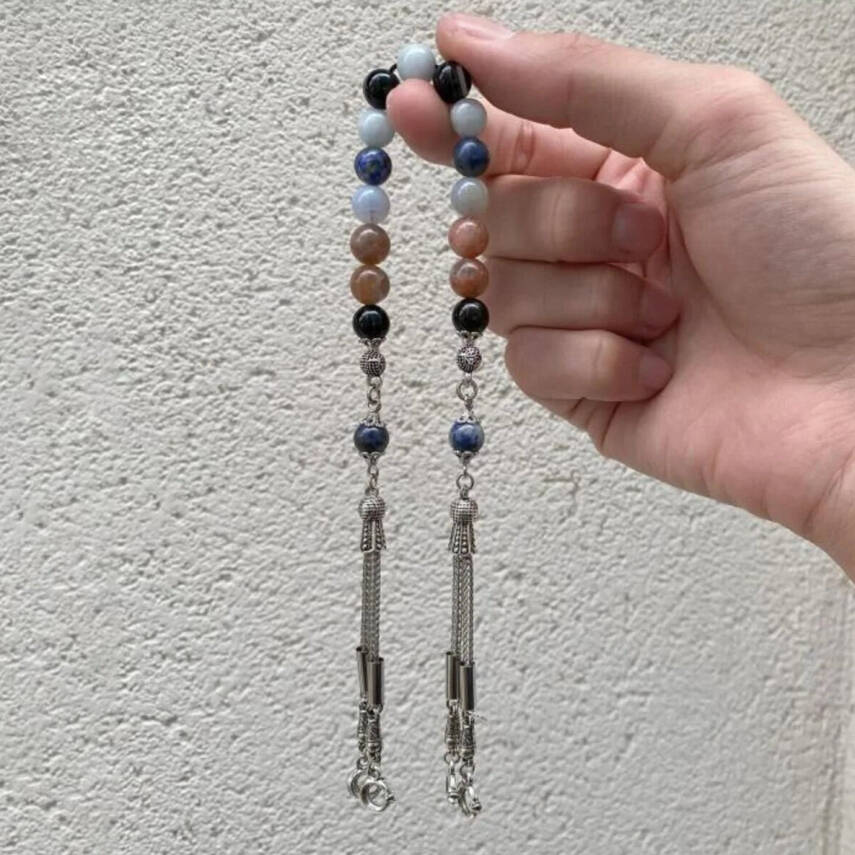 Terazi Burcu Zaza Tesbih Doğal Taş Akuamarin, Güneş Taşı, Kalsedon, Lapis Lazuli, Siyah Göz Akik - 1