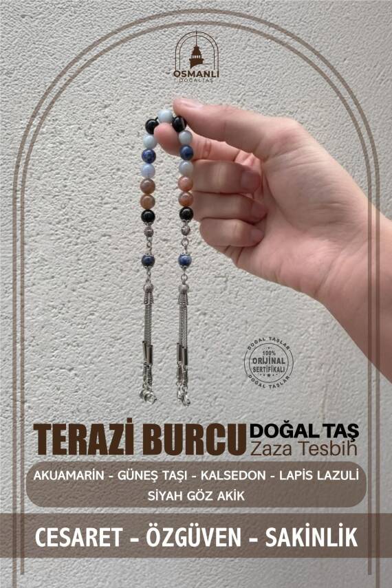 Terazi Burcu Zaza Tesbih Doğal Taş Akuamarin, Güneş Taşı, Kalsedon, Lapis Lazuli, Siyah Göz Akik - 2