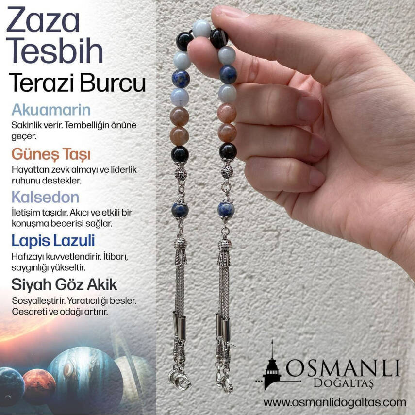 Terazi Burcu Zaza Tesbih Doğal Taş Akuamarin, Güneş Taşı, Kalsedon, Lapis Lazuli, Siyah Göz Akik - 3