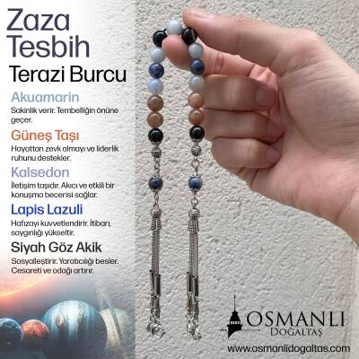 Terazi Burcu Zaza Tesbih Doğal Taş Akuamarin, Güneş Taşı, Kalsedon, Lapis Lazuli, Siyah Göz Akik - Osmanlı Doğaltaş