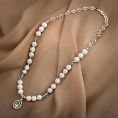 Topaz Gümüş Uç-Topaz-İnci Doğal Taş Gümüş Kolye - 54cm - Osmanlı Doğaltaş