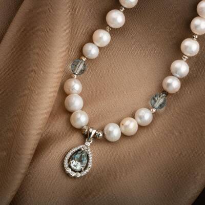 Topaz Gümüş Uç-Topaz-İnci Doğal Taş Gümüş Kolye - 54cm - 2