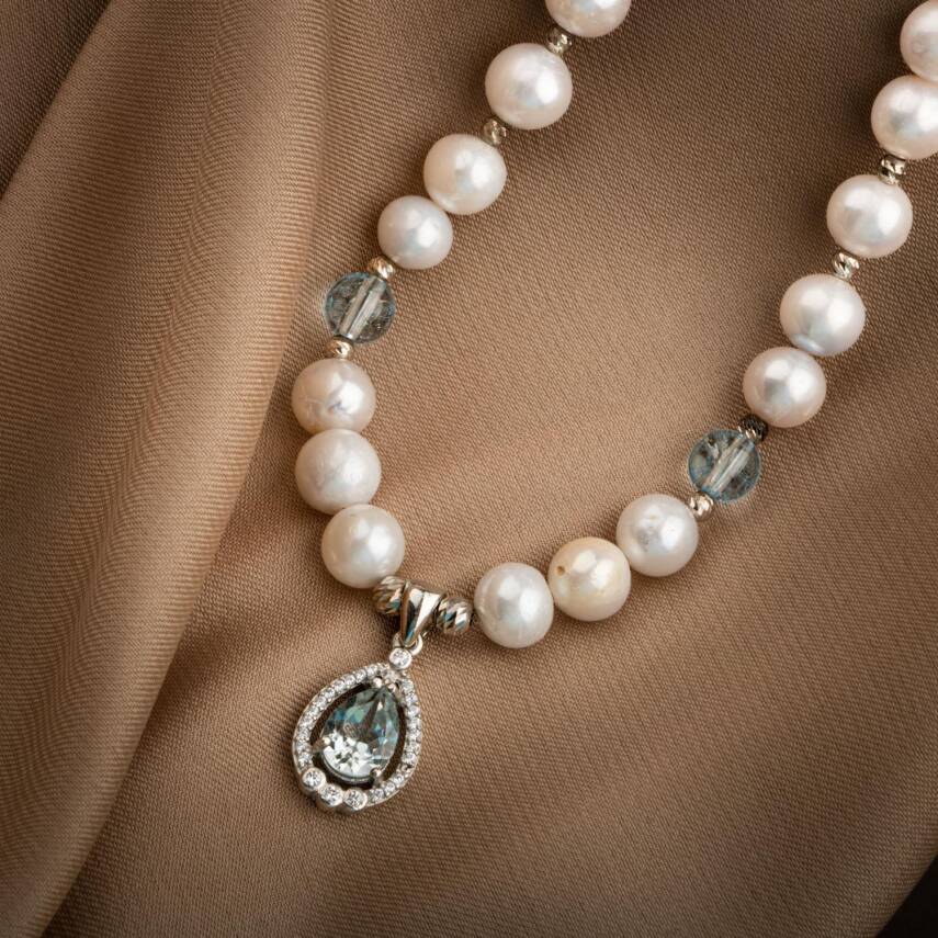 Topaz Gümüş Uç-Topaz-İnci Doğal Taş Gümüş Kolye - 54cm - 2