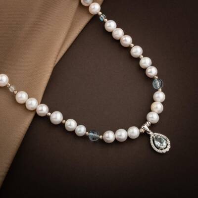 Topaz Gümüş Uç-Topaz-İnci Doğal Taş Gümüş Kolye - 54cm - 3