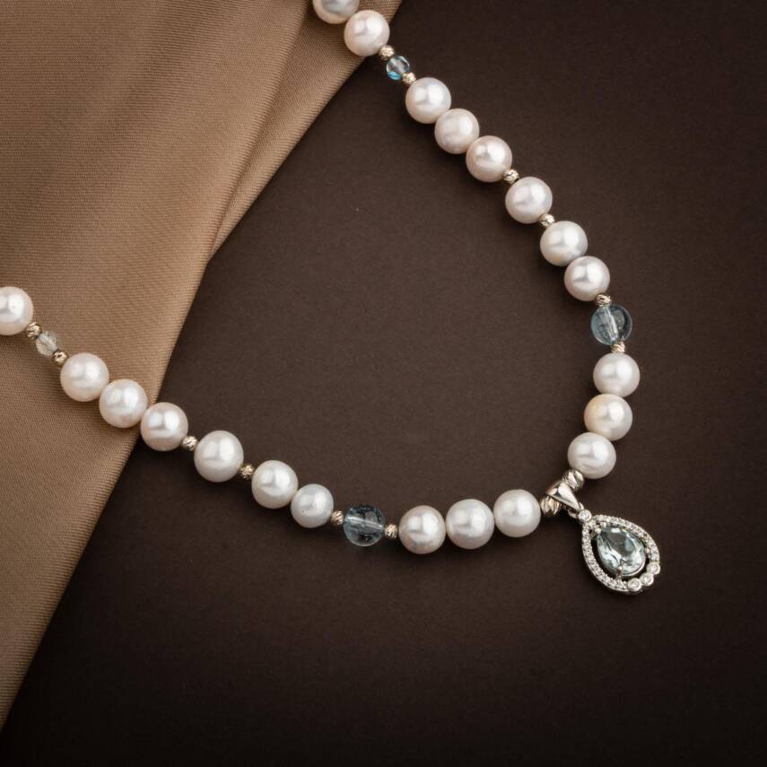 Topaz Gümüş Uç-Topaz-İnci Doğal Taş Gümüş Kolye - 54cm - 3