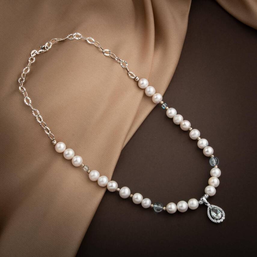 Topaz Gümüş Uç-Topaz-İnci Doğal Taş Gümüş Kolye - 54cm - 4