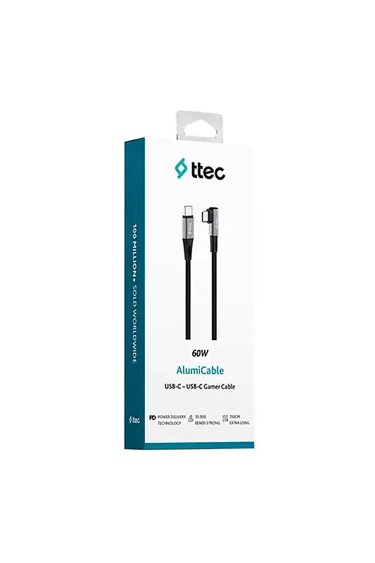 Ttec AlumiCable Şarj Kablosu USB-C USB-C 150 cm 60 W 90 Derece L Tip Siyah 2DK63S - 1