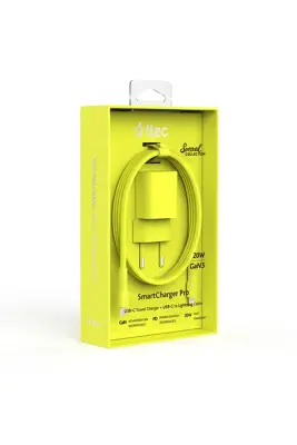 Ttec SmartCharger GAN 20 W PD Seyahat Hızlı Şarj Aleti + USB-C Lightning 120 cm Kablo Neon Sarı 2SCG20LNS - 1