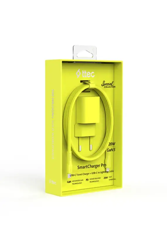 Ttec SmartCharger GAN 20 W PD Seyahat Hızlı Şarj Aleti + USB-C Lightning 120 cm Kablo Neon Sarı 2SCG20LNS - 1