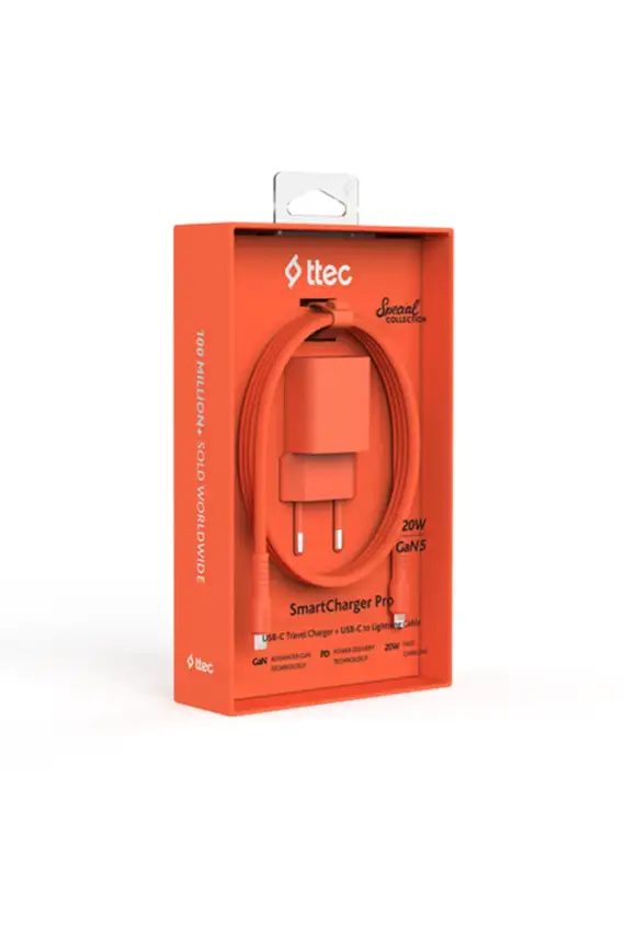 Ttec SmartCharger GAN 20 W PD Seyahat Hızlı Şarj Aleti + USB-C Lightning 120 cm Kablo Neon Turuncu 2SCG20LNT - 1
