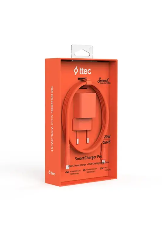 Ttec SmartCharger GAN 20 W PD Seyahat Hızlı Şarj Aleti + USB-C Lightning 120 cm Kablo Neon Turuncu 2SCG20LNT - 1