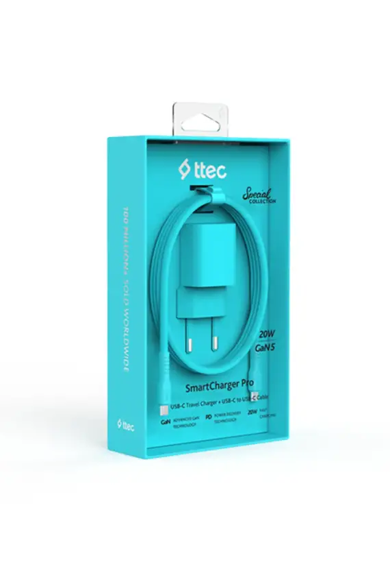 Ttec SmartCharger GAN 20 W PD Seyahat Hızlı Şarj Aleti + USB-C USB-C 3A Kablo Neon Mavi 2SCG20CNM - 1