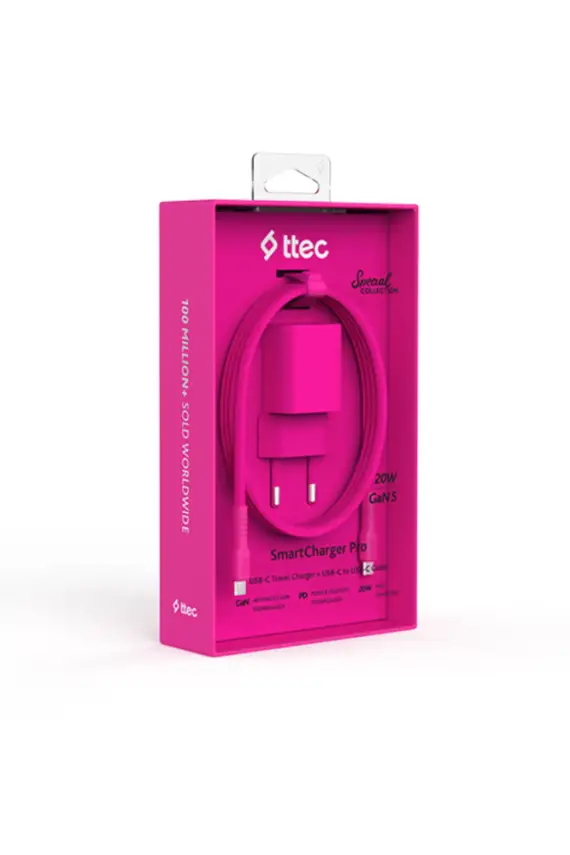 Ttec SmartCharger GAN 20 W PD Seyahat Hızlı Şarj Aleti + USB-C USB-C 3A Kablo Neon Pembe 2SCG20CNP - 1