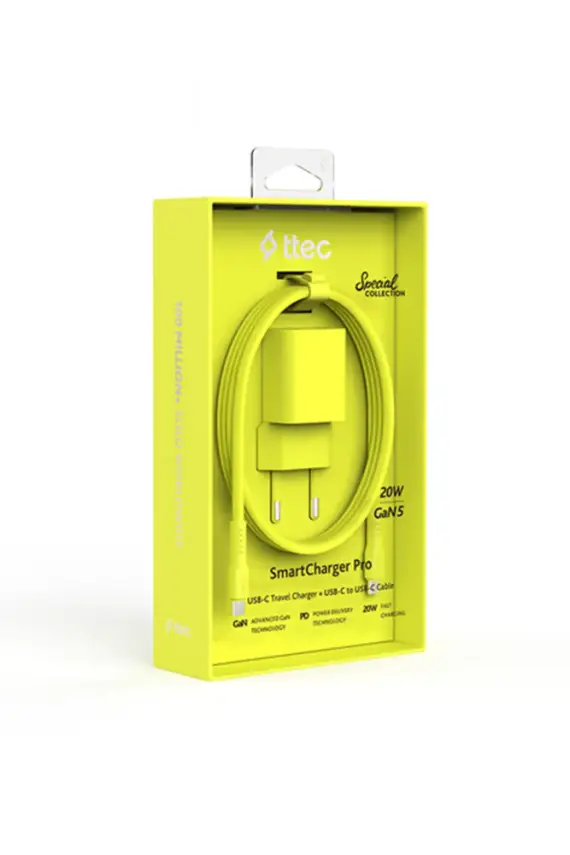 Ttec SmartCharger GAN 20 W PD Seyahat Hızlı Şarj Aleti + USB-C USB-C 3A Kablo Neon Sarı 2SCG20CNS - 1