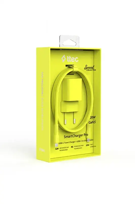 Ttec SmartCharger GAN 20 W PD Seyahat Hızlı Şarj Aleti + USB-C USB-C 3A Kablo Neon Sarı 2SCG20CNS - 1