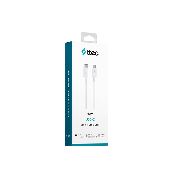 Ttec USB-C USB-C Hızlı Şarj Data Kablosu 120 cm 60 W PD QC Beyaz 2DK36B - 1