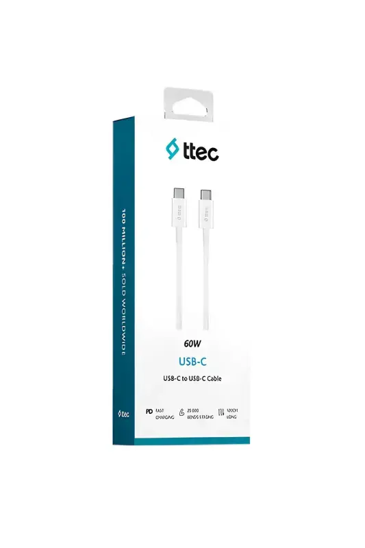 Ttec USB-C USB-C Hızlı Şarj Data Kablosu 120 cm 60 W PD QC Beyaz 2DK36B - 1