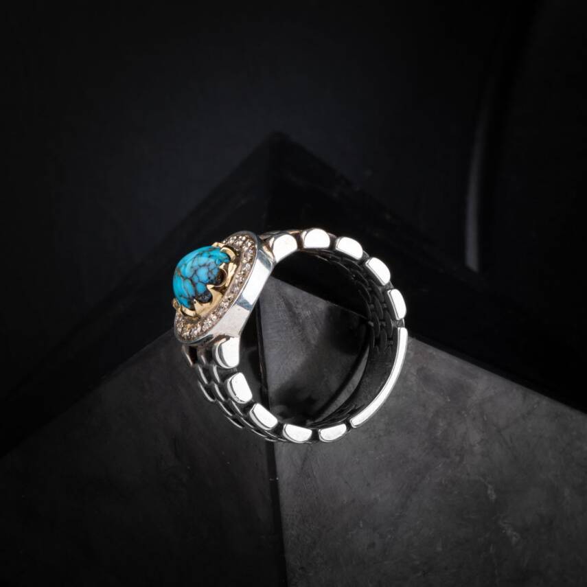 Turkuaz (Firuze) Doğal Taş Özel Koleksiyon İrityumlu (Kararmaz) Gümüş Yüzük - 1