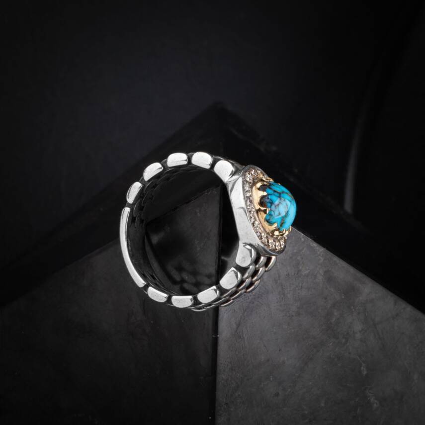 Turkuaz (Firuze) Doğal Taş Özel Koleksiyon İrityumlu (Kararmaz) Gümüş Yüzük - 2