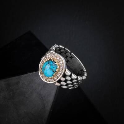 Turkuaz (Firuze) Doğal Taş Özel Koleksiyon İrityumlu (Kararmaz) Gümüş Yüzük - 3