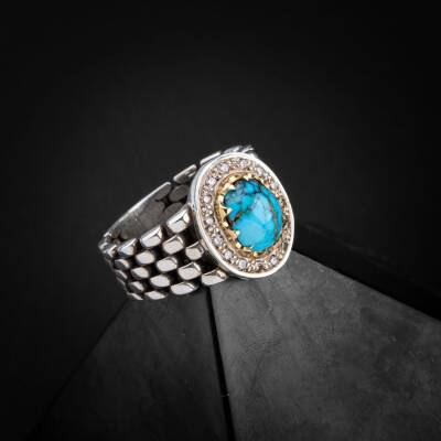 Turkuaz (Firuze) Doğal Taş Özel Koleksiyon İrityumlu (Kararmaz) Gümüş Yüzük - 4